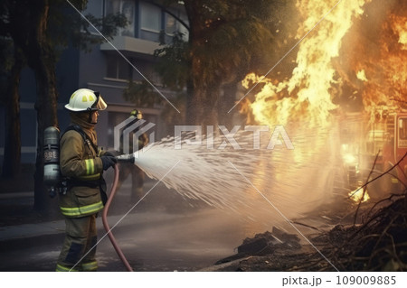 Firefighter at work with a foam hose extinguishes on fire on home, in the forest Firefighter at work with a foam hose extinguishes on fire on home, in the forest 109009885
