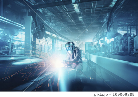 Masked welder works as welding machine at modern factory with the rest of the silver-colored machines 109009889