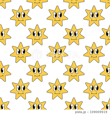 Retro 70s 60s 80s Hippie Seamless Pattern with Groovy Star. Smiling Character. Vector flat background. 109009919