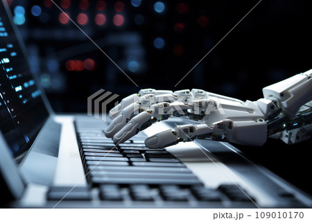 Ai robot hands and fingers point to laptop. Advisor chatbot robotic artificial intelligence concept. Generative Ai. 109010170