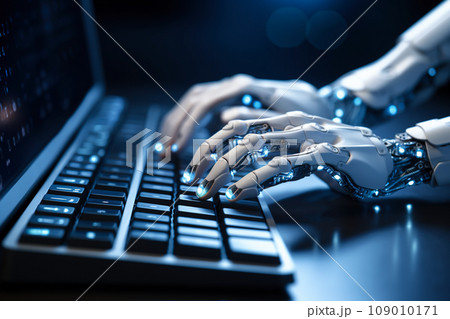Ai robot hands and fingers point to laptop. Advisor chatbot robotic artificial intelligence concept. Generative Ai. 109010171
