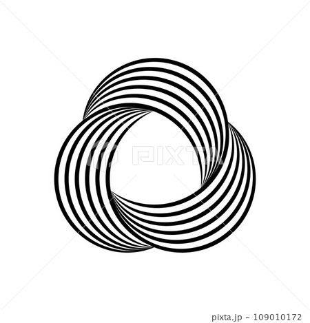 Impossible symbol. Rounded triangle linear shape. Infinite trinity sign. Overlapping thin lines pyramid. Optical illusion art. Design element for logo, icon, print, cover. Abstract vector illustration 109010172