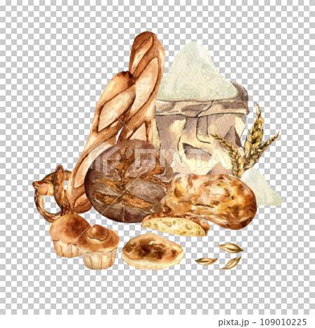 Watercolor illustration of variety bread and craft bag with flour isolated on white. Hand drawn compositions of ciabatta, baguette, pitta. Painted rye bread. Element for design bakeshop, packaging 109010225