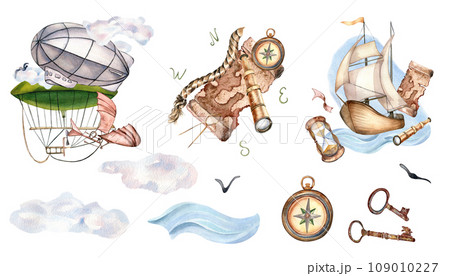 Watercolor set with dirigible, airship and ship in pastel colors. Hand painted sailboat isolated on white background. Childish design elements for boy room, wallpaper. Adventure items hand drawn 109010227
