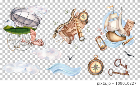 Watercolor set with dirigible, airship and ship in pastel colors. Hand painted sailboat isolated on white background. Childish design elements for boy room, wallpaper. Adventure items hand drawn 109010227
