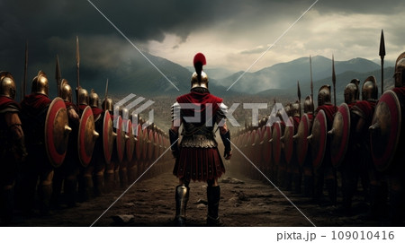 整列するローマ軍兵士とその指揮を執る将軍：AI作品 109010416