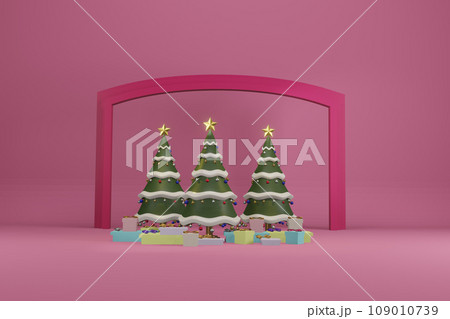 Christmas tree with decrorate items and giftbox.3D render 109010739