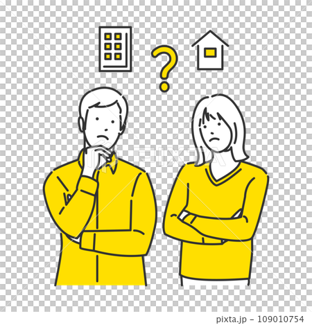 マイホームについて考える夫婦のイラスト マンションか一戸建てか購入検討する男女のイラスト マイホームについて考える夫婦のイラスト マンションか一戸建てか購入検討する男女のイラスト 109010754