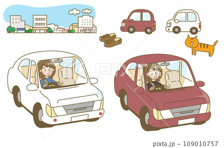 自動車を運転する女性のイラストセット 自動車を運転する女性のイラストセット 109010757