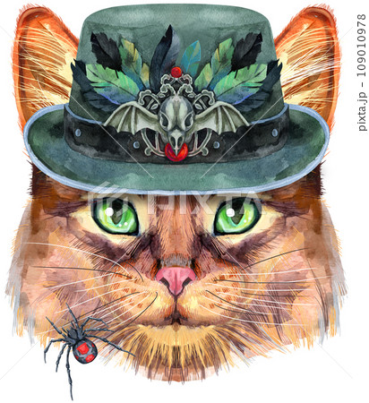 Lovely closeup portrait of Somali cat in green halloween hat with with raven skull and feathers. Hand drawn watercolor painting on white background Lovely closeup portrait of Somali cat in green halloween hat with with raven skull and feathers. Hand drawn watercolor painting on white background 109010978