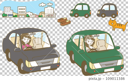 Illustration set of women driving a car Illustration set of women driving a car 109011386