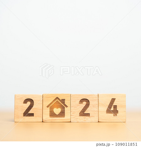 Happy New Year 2024 with Home and Heart block. Property investment, House Mortgage, Real Estate tax, homeless, donation, Financial and happy family concepts Happy New Year 2024 with Home and Heart block. Property investment, House Mortgage, Real Estate tax, homeless, donation, Financial and happy family concepts 109011851