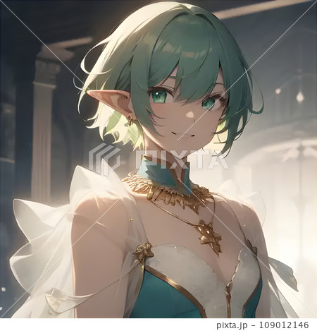 Elf girl [green hair/short cut] - Stock Illustration [109012146