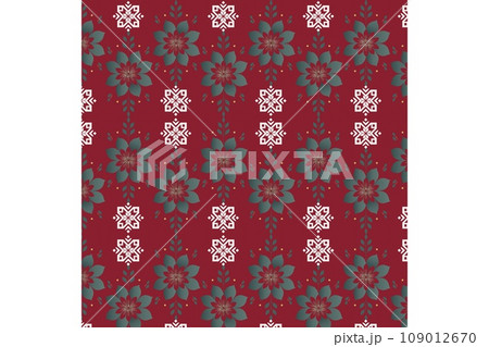Red Floral Pattern with White Snowflakes and Green Flowers 109012670