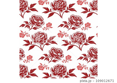 Seamless Pattern of Detailed Red Roses and Varied Leaves on a White Background 109012671