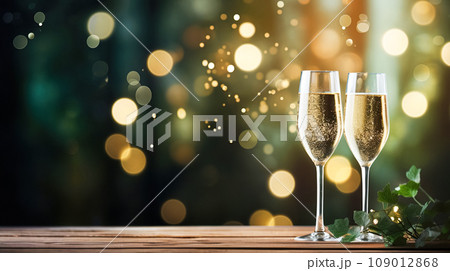 Elegant glasses with champagne or Prosecco sparkling wine on dark green background with Christmas lights golden bokeh 109012868