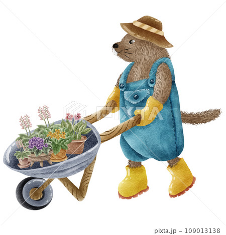 Watercolor painting of cartoon groundhog pushing a gardening plant cart. 109013138