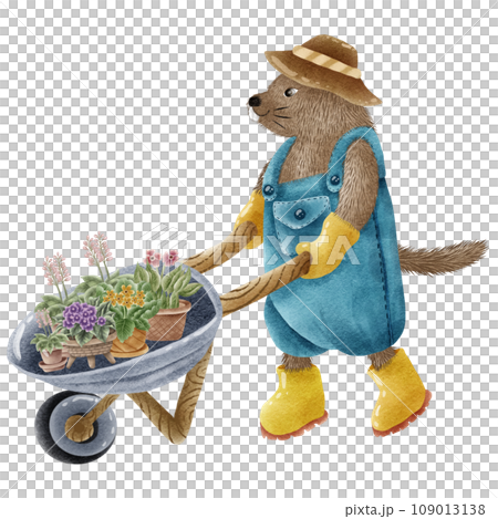 Watercolor painting of cartoon groundhog pushing a gardening plant cart. Watercolor painting of cartoon groundhog pushing a gardening plant cart. 109013138
