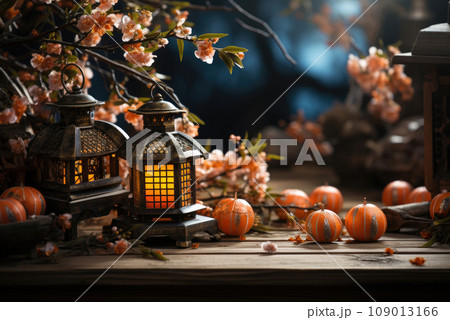 Lanterns and tangerines on a wooden table. Symbols of the Chinese New Year 109013166
