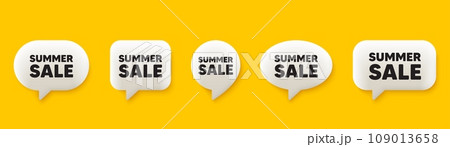 Summer Sale tag. 3d chat speech bubbles set. Special offer price sign. Advertising Discounts symbol. Summer sale talk speech message. Talk box infographics. Vector 109013658