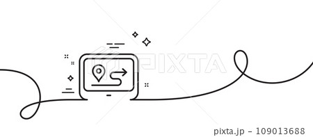 GPS route line icon. Continuous one line with curl. Road path sign. Journey map device symbol. Gps single outline ribbon. Loop curve pattern. Vector GPS route line icon. Continuous one line with curl. Road path sign. Journey map device symbol. Gps single outline ribbon. Loop curve pattern. Vector 109013688