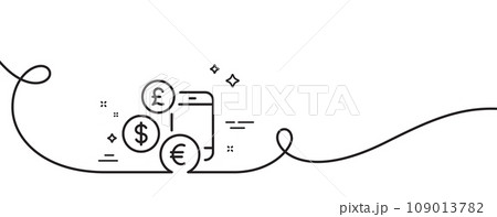 Currency rates line icon. Continuous one line with curl. Money exchange sign. Phone trade symbol. Currency rate single outline ribbon. Loop curve pattern. Vector 109013782