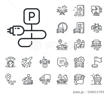 Car charge place sign. Plane, supply chain and place location outline icons. Charging parking line icon. Electric power plug symbol. Charging parking line sign. Vector Car charge place sign. Plane, supply chain and place location outline icons. Charging parking line icon. Electric power plug symbol. Charging parking line sign. Vector 109013785