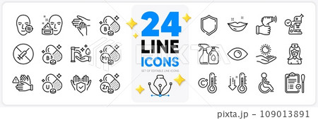 Icons set of Face cream, Insurance hand and Celsius thermometer line icons pack for app with Lips, Dont touch, Electronic thermometer thin outline icon. Sun protection, Disability. Vector 109013891