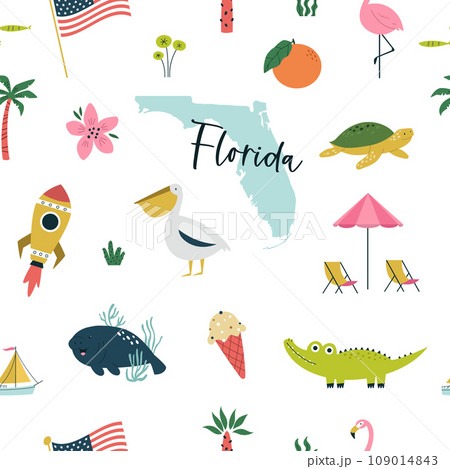Colorful seamless pattern, digital paper with famous symbols, animals of Florida state, USA. 109014843
