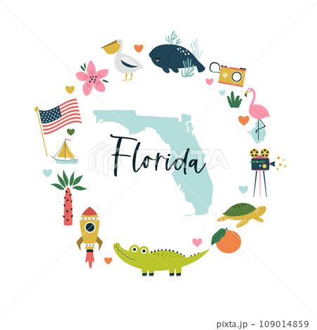 Colorful composition, circle design with famous symbols, animals of Florida state, USA. 109014859