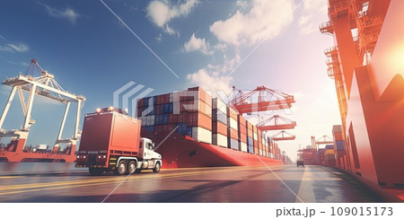Industrial port with Logistics and transportation of International Container Cargo ship , commercial dock, harbor, cargo container, shipping. Generative ai 109015173