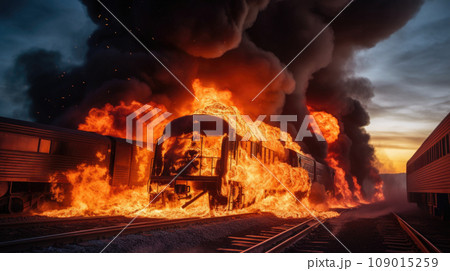 a train ablaze, billowing smoke into the sky, a dramatic scene of emergency. 109015259
