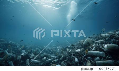 a stark image of plastic pollution tarnishing the beauty of a once-pristine natural landscape. 109015271