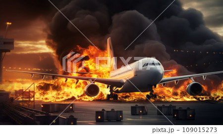 Urgency and chaos as emergency crews respond to a blazing airliner on the tarmac. Urgency and chaos as emergency crews respond to a blazing airliner on the tarmac. 109015273