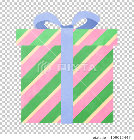 Illustration of a present box with green and pink stripes Illustration of a present box with green and pink stripes 109015447
