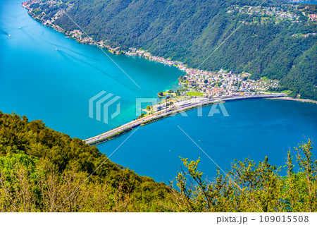 Lugano Lake, Italian: Lago di Lugano. Lookout from Balcony of Italy on Mount Sighignola. Italy and Switzerland Lugano Lake, Italian: Lago di Lugano. Lookout from Balcony of Italy on Mount Sighignola. Italy and Switzerland 109015508