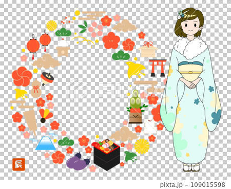 New Year's card frame of a woman wearing a kimono/light blue/no text 109015598