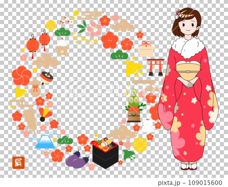 着物を着た女性の年賀状フレーム/赤/文字なし 着物を着た女性の年賀状フレーム/赤/文字なし 109015600