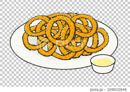Illustration of assorted fried squid rings, hand-drawn style 109015646