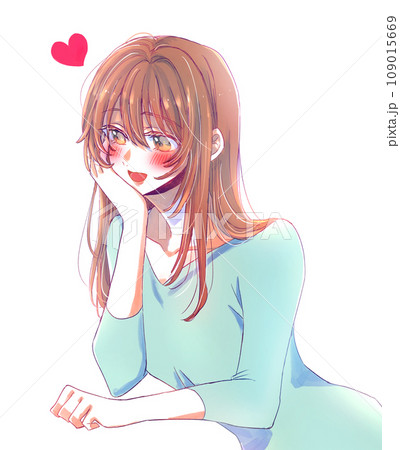 笑顔で話す女性 頬杖 恋 笑顔で話す女性 頬杖 恋 109015669