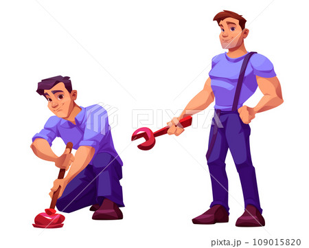 Plumber man with wrench, handyman character vector 109015820