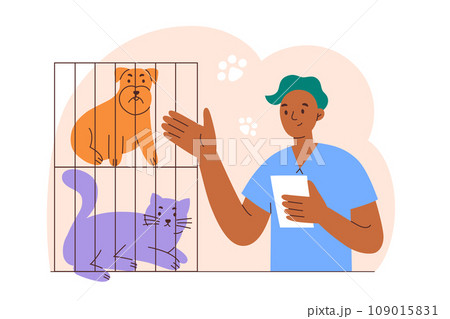 Pet shelter hand drawn composition, homeless animals adoption concept, vector illustration for vet clinic, male veterinarian with cute cat and dog in cages, rescue and adopt puppy or kitten Pet shelter hand drawn composition, homeless animals adoption concept, vector illustration for vet clinic, male veterinarian with cute cat and dog in cages, rescue and adopt puppy or kitten 109015831