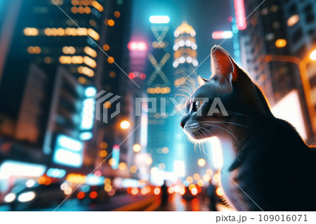 大都会の夜を見つめる猫　：AI生成画像 109016071