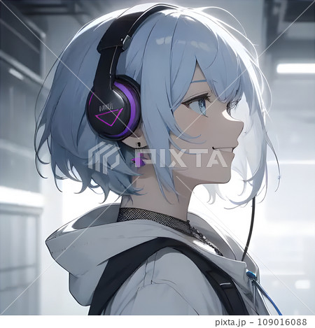 ヘッドホンの少女【横顔・水色髪】 109016088