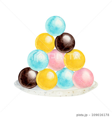 Assorted candy bar of colorful round candies in yellow, chocolate brown, teal blue and pastel pink colors watercolor illustration isolated on white background. Sweet pyramid on white plate Assorted candy bar of colorful round candies in yellow, chocolate brown, teal blue and pastel pink colors watercolor illustration isolated on white background. Sweet pyramid on white plate 109016178