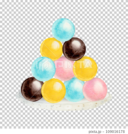 Assorted candy bar of colorful round candies in yellow, chocolate brown, teal blue and pastel pink colors watercolor illustration isolated on white background. Sweet pyramid on white plate Assorted candy bar of colorful round candies in yellow, chocolate brown, teal blue and pastel pink colors watercolor illustration isolated on white background. Sweet pyramid on white plate 109016178