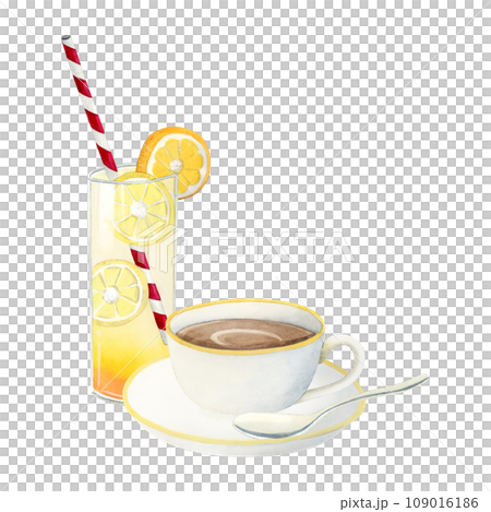 Continental morning cup of coffee with spoon and orange juice for breakfast watercolor illustration isolated on white background for hotel cafe menus 109016186