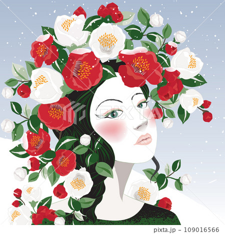 Vector illustration of a woman decorating her black hair with Camellia flowers in red and white. Design for invitation card, picture frame, poster, scrapbook 109016566
