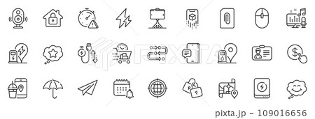 Icons pack as Map, Attention and Charging cable line icons for app include Locks, Methodology, Charging station outline thin icon web set. Phone message, Power bank, Seo internet pictogram. Vector 109016656