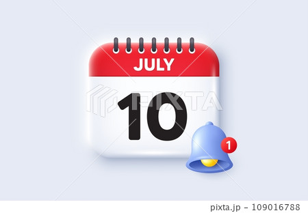 10th day of the month icon. Calendar date 3d icon. Event schedule date. Meeting appointment time. 10th day of July month. Calendar event reminder date. Vector 109016788